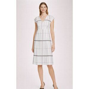 NEW Lewit Linen Blend Grid Cap Sleeve Midi Dress